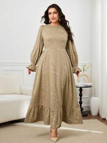 Modelyn Váy maxi Ả Rập dài tay thanh lịch viền bèo nhún màu trơn cỡ lớn dành cho nữ - Màu Khaki - Xem 8