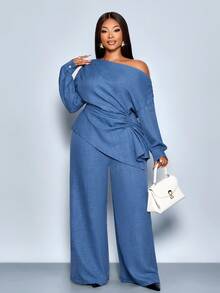 SOLERSUN 大码女装秋冬纯色不对称领斜领长袖侧抽绳褶皱时尚设计衬衫和宽松直筒裤套装，衬衫+裤子两件套，不对称下摆设计梭织面料百搭衬衫和裤子套装，适合购物约会、日常休闲通勤、音乐节、宴会、秋季、冬季、所有季节。 - 藍色 - 查看 2