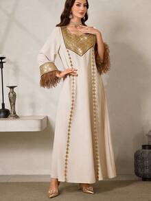 Al Najma Elegant & Luxurious  Style Long Dress For Women - Apricot - View 4