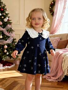 Souflis Souflis 女婴白色面料荷叶边蝴蝶结领泡泡袖搭配浅灰色褶皱连衣裙，优雅可爱，适合日常、通勤、休闲穿着 - 寶藍色 - 查看 6