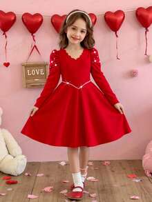 Váy chữ A tay bồng, cổ tròn, đính hạt màu đỏ cho bé gái, thích hợp mặc vào dịp năm mới, tiệc tùng, xuân/thu, đông, giáng sinh - Đỏ - Xem 8