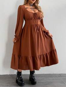 Whyspr 大码撞色收腰长袖连衣裙，春季 - 彩色 - 查看 4