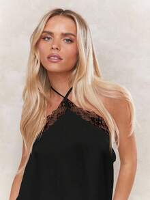 MISSGUIDED Áo hai dây cổ yếm viền ren thanh lịch, hở lưng, không tay, nhẹ nhàng, thoải mái cho tiệc tối mùa hè - màu đen - Xem 3