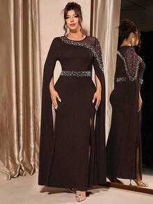 Cravure Damen Große Größen Rundhals Langarm Glänzend Perle Mesh Elegantes Schlitz Kleid, geeignet für Party, Bankett, Herbst/Winter - Braun - Übersicht 4