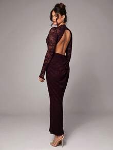 Silquee 女士优雅性感浪漫纯色（红色、酒红色、勃艮第红、基础色）蕾丝甜美露背长袖连体衣，适合姐妹聚会、情人节、夜间外出 - 紫紅色 - 查看 4