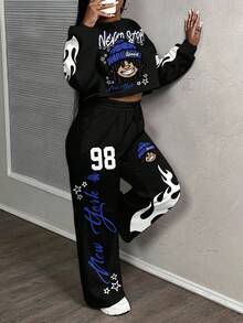 Slaydiva Plus Size Women Letter & Flame Print Round Neck Drop Shoulder Long Sleeve Sweatshirt And Sweatpants Casual 2 Piece Set - Multicolor - View 3