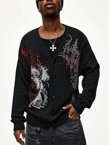ROMWE MEN Goth Men's Loose Fit Cross Jacquard Drop Shoulder Long Sleeve Casual Knit Cardigan - Black - View 5