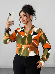 SHEIN Elenzya Blusa de manga larga con cuello en V y estampado floral para mujer de talla grande, elegante para el trabajo y cómoda - Multicolor - Ver 4