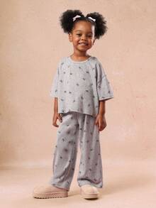 SUMWON Girls Boxy Bow Print Set Short Sleeve Top Wide Leg Pants Comfortable Two Piece Coordinated Pajama Outfit Casual Sleepwear - Grey - View 1