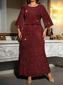 Reflora Plus Size Elegant Sparkly Long Dress For Party - Burgundy - View 4