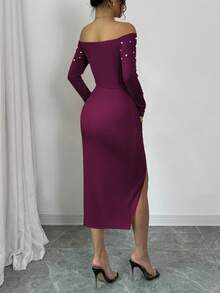 Elenzga Women's Open Shoulder Long Sleeve Ruched High Slit Pearl Design Bodycon Dress For New Year Clothes - Red Violet - View 2