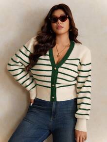 Elaquor Cardigan Lengan Panjang Bergaris Leher V Kasual Ukuran Plus untuk Wanita, Cocok untuk Pakaian Musim Gugur/Dingin untuk Wanita - Hijau - View 7