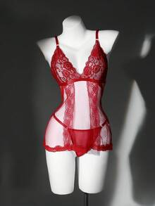 SHEIN 两件套女士薄纱蕾丝吊带睡裙和丁字裤套装 - 酒紅色 - 查看 4