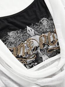 ROMWE J-Fashion 复古性感双层二合一深V领骷髅印花水钻装饰女式上衣 - 黑與白 - 查看 3