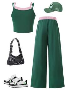 Tween Girls Casual All-Match Sports Streetwear Everyday Sleeveless Cropped Tank Top + Contrast Splice Loose Pants Set - Green - View 5