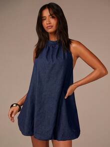 Athîral 女士休闲牛仔泡泡迷你连衣裙 - 藍色 - 查看 3