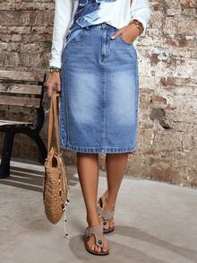 EMERY ROSE 女士高腰口袋直筒宽松休闲牛仔裙 - 藍色 - 查看 4