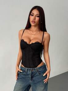 SHEIN PETITE 女士吊带蕾丝拼接黑色紧身胸衣性感新年连体衣，新年女士服装，女士紧身胸衣 - 黑色 - 查看 3