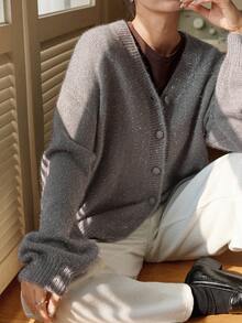 Dazy-Less Women's Casual Drop Shoulder Long Sleeve Knitted Cardigan, Autumn/Winter - Grey - View 1