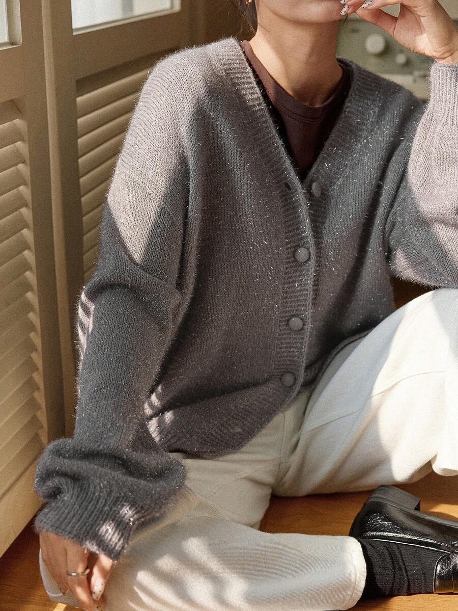 Dazy-Less Women's Casual Drop Shoulder Long Sleeve Knitted Cardigan, Autumn/Winter - Grey - View 1