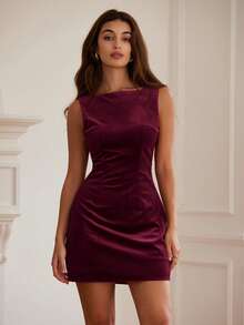 Aveloria EMERY ROSE Vintage französisches Off-Shoulder, ärmelloses, elegantes, tailliertes, rückenfreies, sexy Mini-Bodycon-Partykleid für Urlaubsfeiern - Rot-violett - Übersicht 4