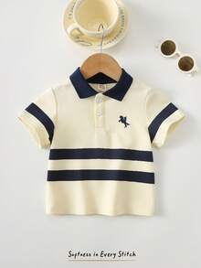 Cozy Pixies Áo thun cổ polo, khóa kéo nửa thân, màu be và hồng đào nhạt, thêu họa tiết ngựa, dành cho bé trai. - Màu be - Xem 8