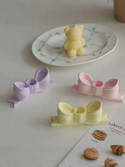 3 piezas Candelabro de yeso decorativo, estilo Ins con lazo rosa, adecuado para velas, apto para decoración de mesa de comedor, bodas, cenas, regalos de cumpleaños, graduación y Navidad