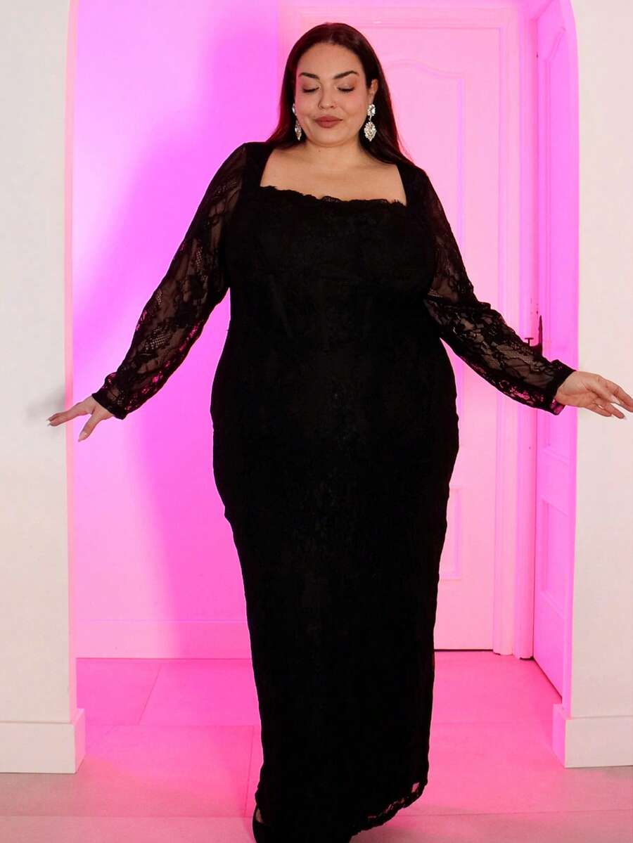 Pretty and Ole 大码淑女连衣裙约会女装浪漫约会蕾丝长裙优雅包臀淑女装长裙秋冬新款女士聚会约会派对性感S型蕾丝长袖罩杯鱼骨领方领紧身黑色超长包臀连衣裙 - 黑色 - 查看 1