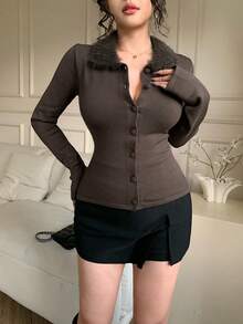DAZY Áo khoác cardigan cổ tua rua thanh lịch dành cho nữ, Thu/Đông - Cà phê nâu - Xem 10