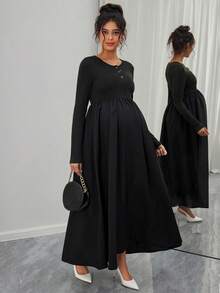 SHEIN Vestido de enfermería casual de cuello redondo y apertura frontal de unicolor - Negro - Ver 1