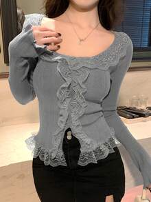 DAZY Women's Sweet Round Neck Lace Patchwork Fitted Flare Sleeve Cardigan Spring - Grey - View 5