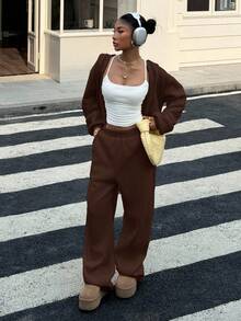 SHEIN EZwear Bộ áo nỉ rộng rãi màu nâu cỡ lớn, mùa thu - màu nâu - Xem 3