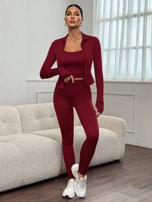 SHEIN Tall 3pcs Black Knit Women Sports Set, Tall Version With Extended Length, Suitable For Summer & Autumn - Burgundy - View 3