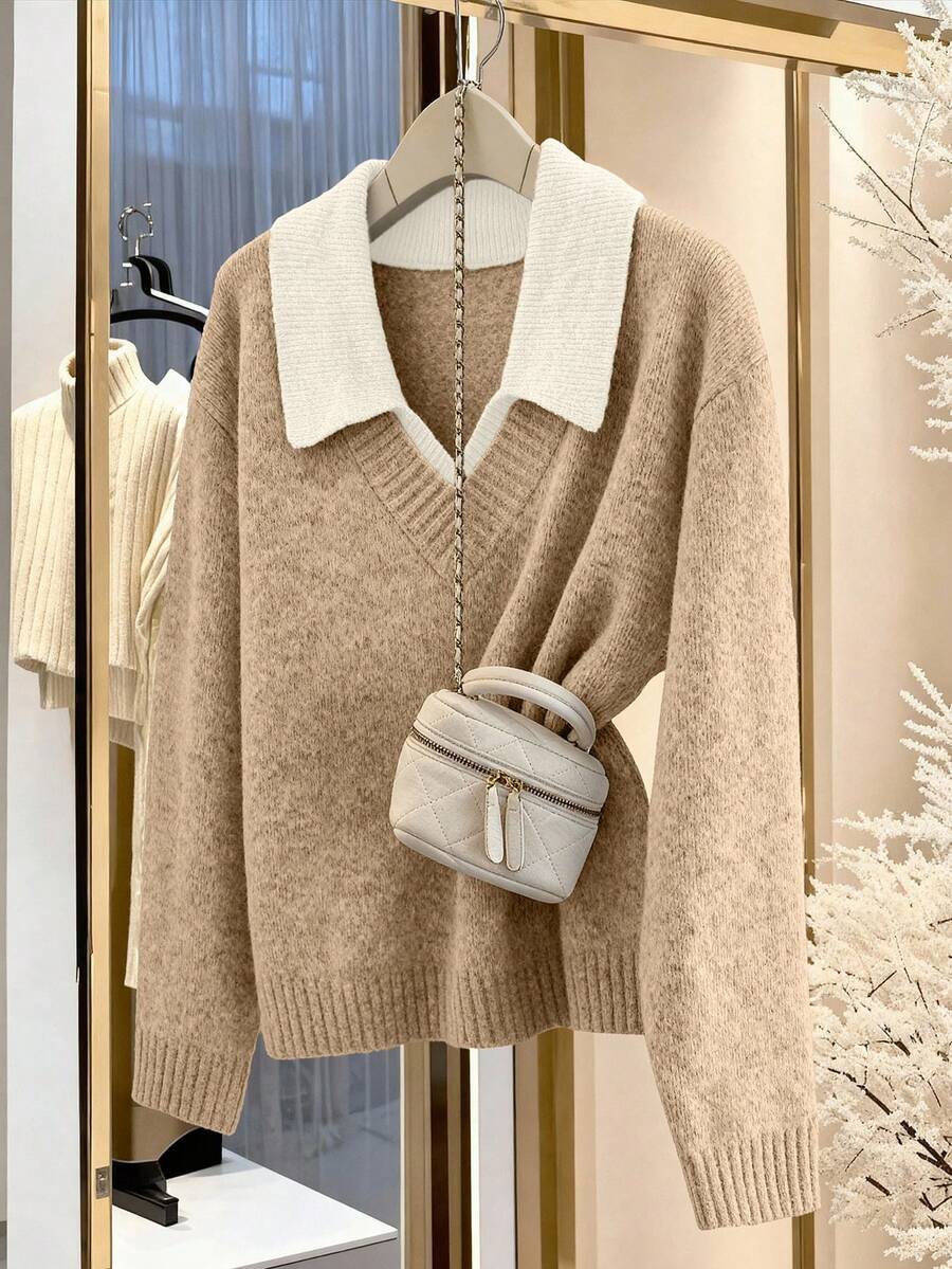 SHEIN PETITE CURVE Plus Size Gray V-Neck Colorblock Design Long Sleeve Sweater, Comfortable For Commuting