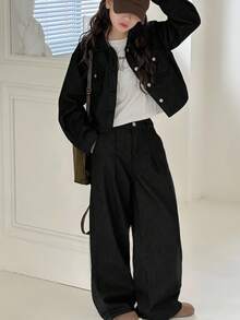 2pcs Tween GirlsNavy Blue Denim Lapel Long Sleeve Loose Pants Set - Black - View 2