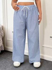 CovetEZ Pantaloni con coulisse a stampa a righe per donne taglie forti - Blu e Bianco - Visualizzare 8