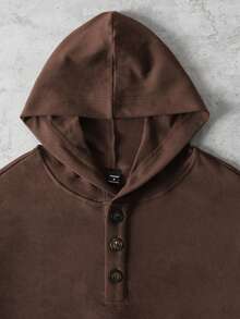 SLATEMANN Men's Dark Brown Button-Up Thermal Lined Pullover Hoodie,High-Quality Velvet Fabric Autumn Streetwear,Solid Sweatshirt For Work And Outdoor,1 Piece - Brown - View 3