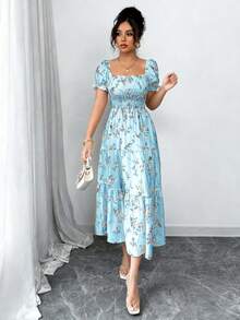 Elenzga 女士春夏方领褶裥短袖荷叶边长款连衣裙，饰有小碎花图案，适合休闲日常、工作、旅行、海滩、波西米亚风、西部风、音乐节、乡村风格等场合。 - 藍色 - 查看 5
