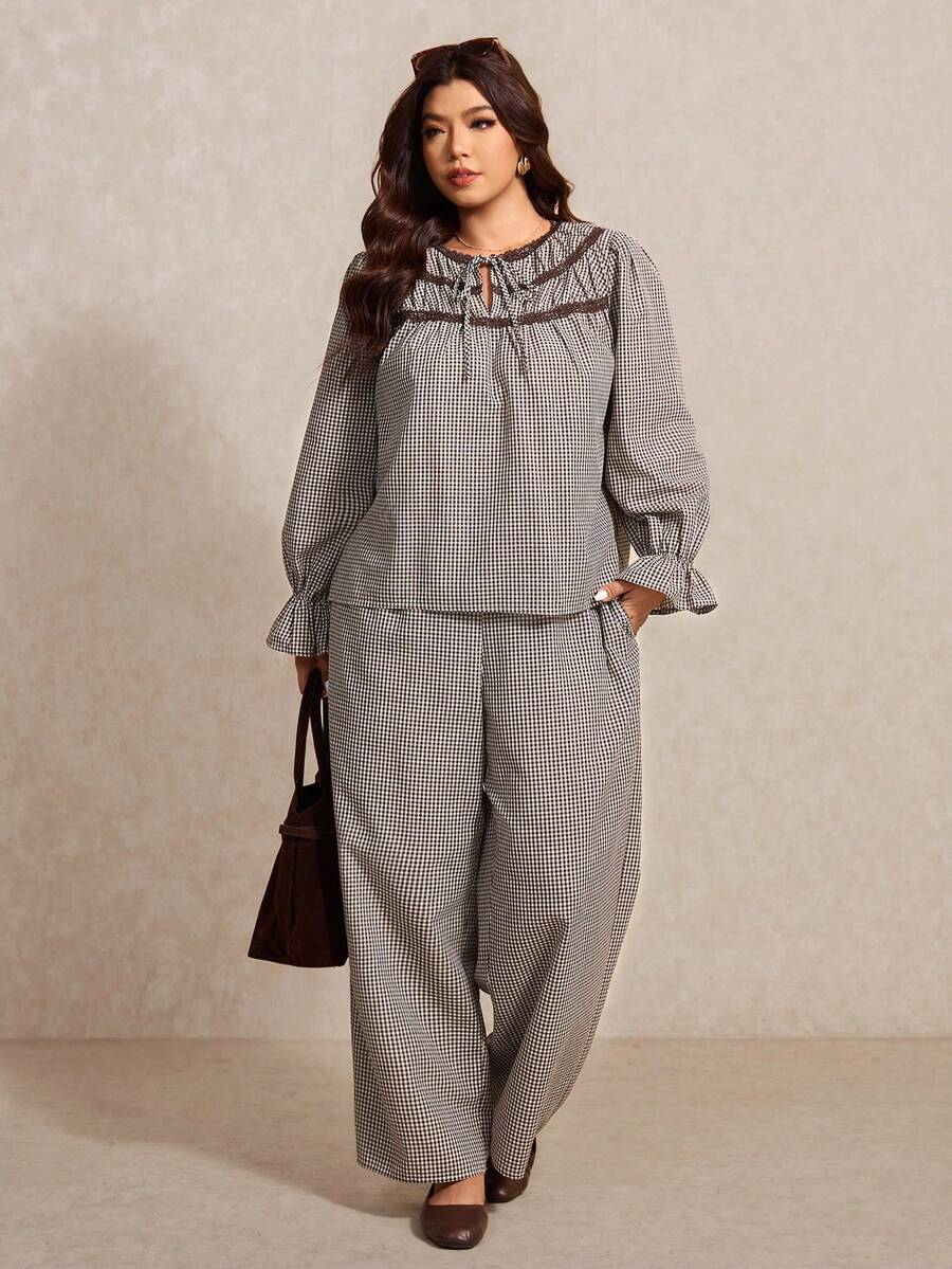 Elaquor Plus Size Women Plaid Front Tie Flare Sleeve Shirt And Wide Leg Pants Casual 2 Pieces Set - Coffee Brown - View 1