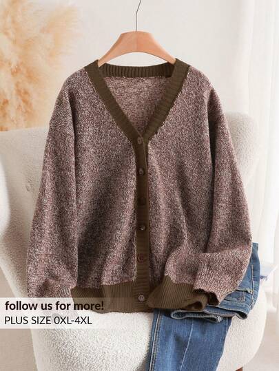 CosyJoli Plus Size Women's Leopard Print Elegant Casual Commuting Vacation Mixed Yarn Splice Color Knitted Sweater Cardigan Thick Jacket In Fall/Winter