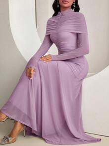 Feyla New Design Pleated Cinched Waist Elegant Romantic Party & Holiday Dress - Purple - View 4