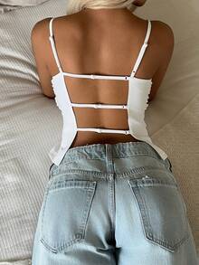 CovetEZ Áo ba lỗ dây bèo nhún màu trắng thường ngày dành cho nữ, mùa hè - trắng - Xem 2