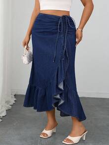 SHEIN Elenzya Váy denim viền bèo nhún màu xanh navy thanh lịch cỡ lớn dành cho nữ - Rửa tối - Xem 3