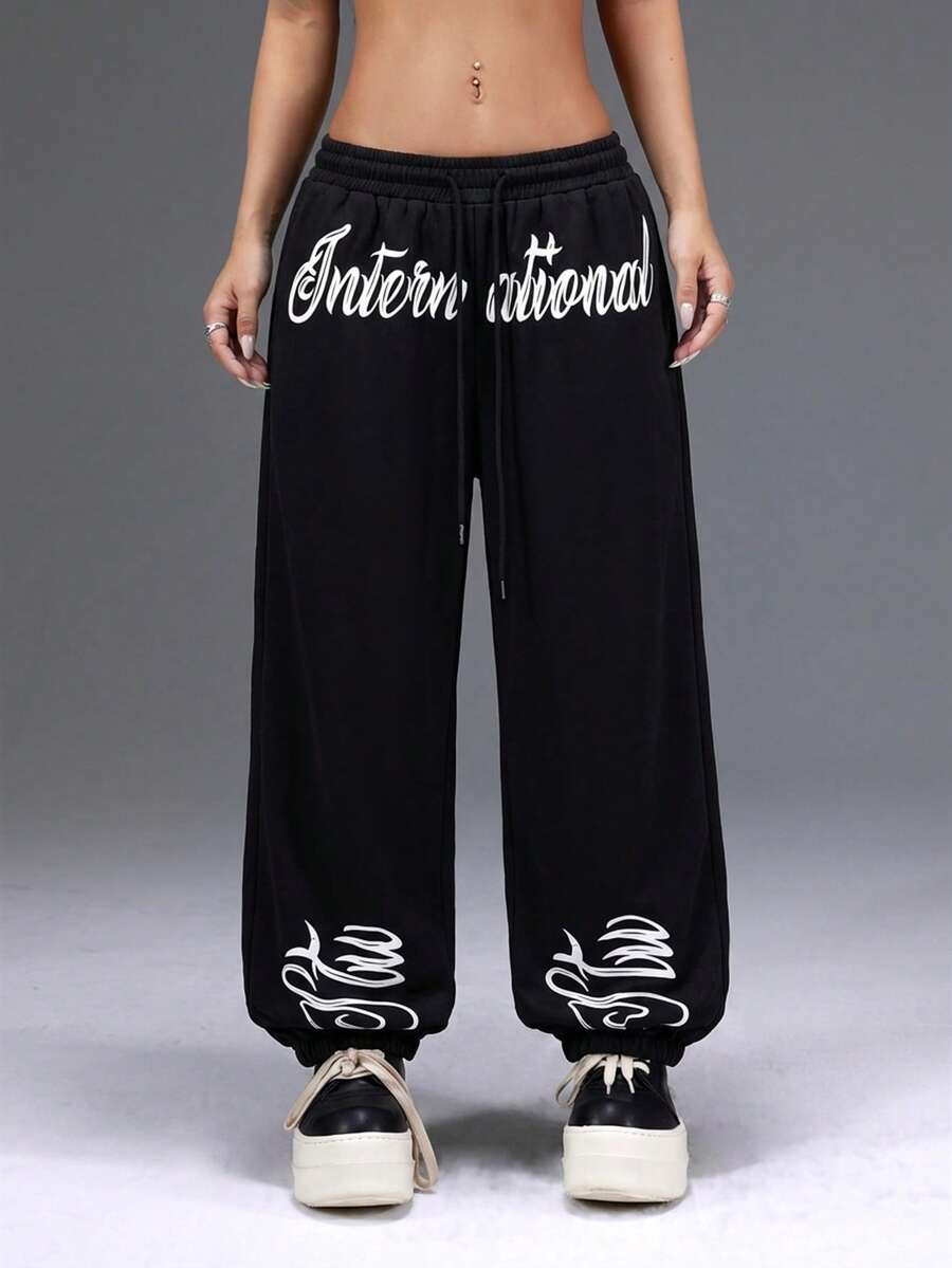 Bloopia 女士字母印花抽绳腰部慢跑裤 - 黑色 - 查看 1