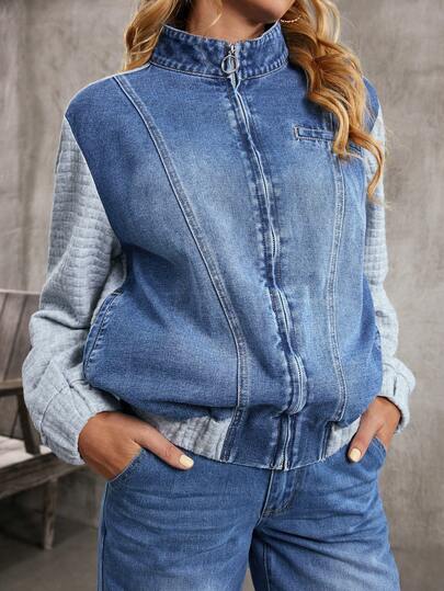 EMERY ROSE 女士撞色长袖拉链休闲牛仔外套