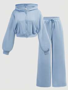 SHEIN Girlism TEENGIRL Blue Hooded Two Pieces Set, Zip-Up Jacket And Relaxed Fit Pants, Collegiate Style Outfit, Back To School, Street Wear Blue Outfit Blue Outfit Set Teen Baby Blue Outfit Girls Blue And White Set Teen With Sweater Pastel Blue Teen Outfits - Blue - View 11