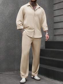Manfinity CasualCool 男士休闲通勤纯色衬衫长裤套装 男士套装 米色男装 米色男装 男士服装 - 杏色 - 查看 4