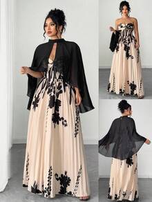 Elenzga Bộ đồ liền thân 2 mảnh họa tiết hoa cỡ lớn dành cho nữ, khăn choàng voan thanh lịch hai mảnh cho mùa xuân/thu Đầm maxi không dây xếp nếp họa tiết hoa gợi cảm dành cho nữ, Đầm dài chữ A hở lưng xếp nếp không tay thanh lịch, thích hợp cho các bữa tiệc, khăn choàng và khăn choàng cho nữ, thích hợp cho váy dạ hội, khăn choàng voan - Màu be - Xem 1