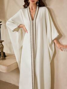 Al Najma Women's V-Neck Faux Pearl Decor Casual Loose Vacation Party Arabic Batwing Sleeve Dress Kaftan Jalabiya Dress - Apricot - View 9