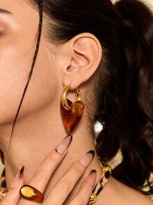 Glisma Bursztynowe kolczyki koła w kształcie serca dla kobiet, luksusowe, spersonalizowane kolczyki, modne i uniwersalne, jesień/zima - Złoto - Zobacz 3